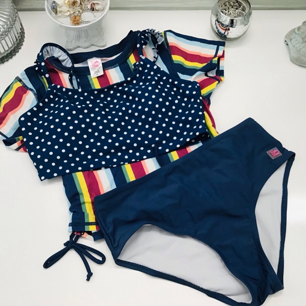 Ruffle Butts Navy Stripe Rashguard Swim Set Sz 16